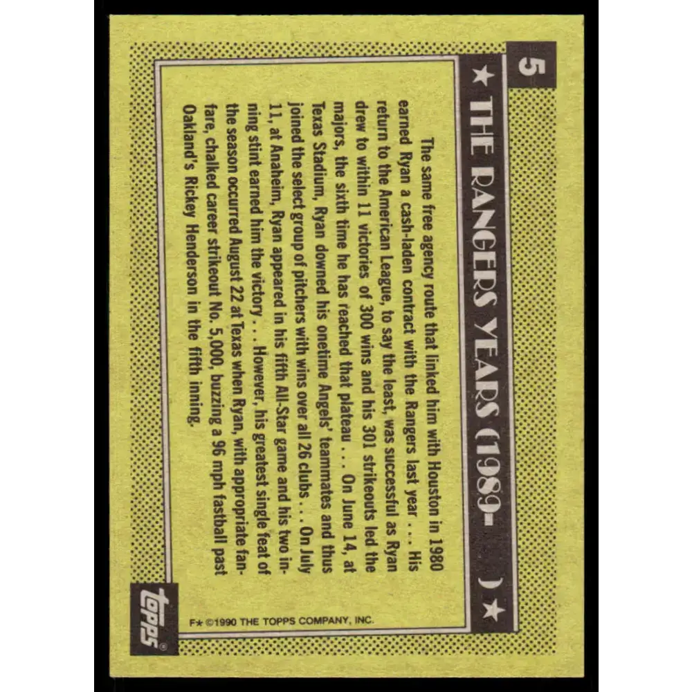 1990 Topps #5 Nolan Ryan EX/NM Texas Rangers Baseball Card