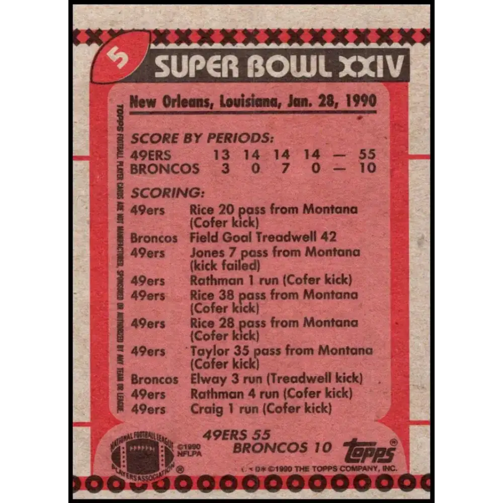 1990 Topps #5 Super Bowl XXIV EX Excellent San Francisco 49ers/Denver Broncos Football Card - Football Card Single