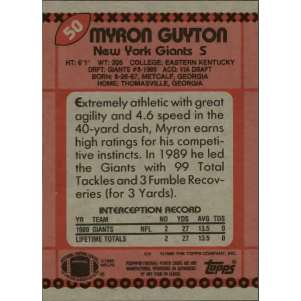 1990 Topps #50 Myron Guyton EX Excellent RC Rookie New York Giants Football Card - Football Card Single