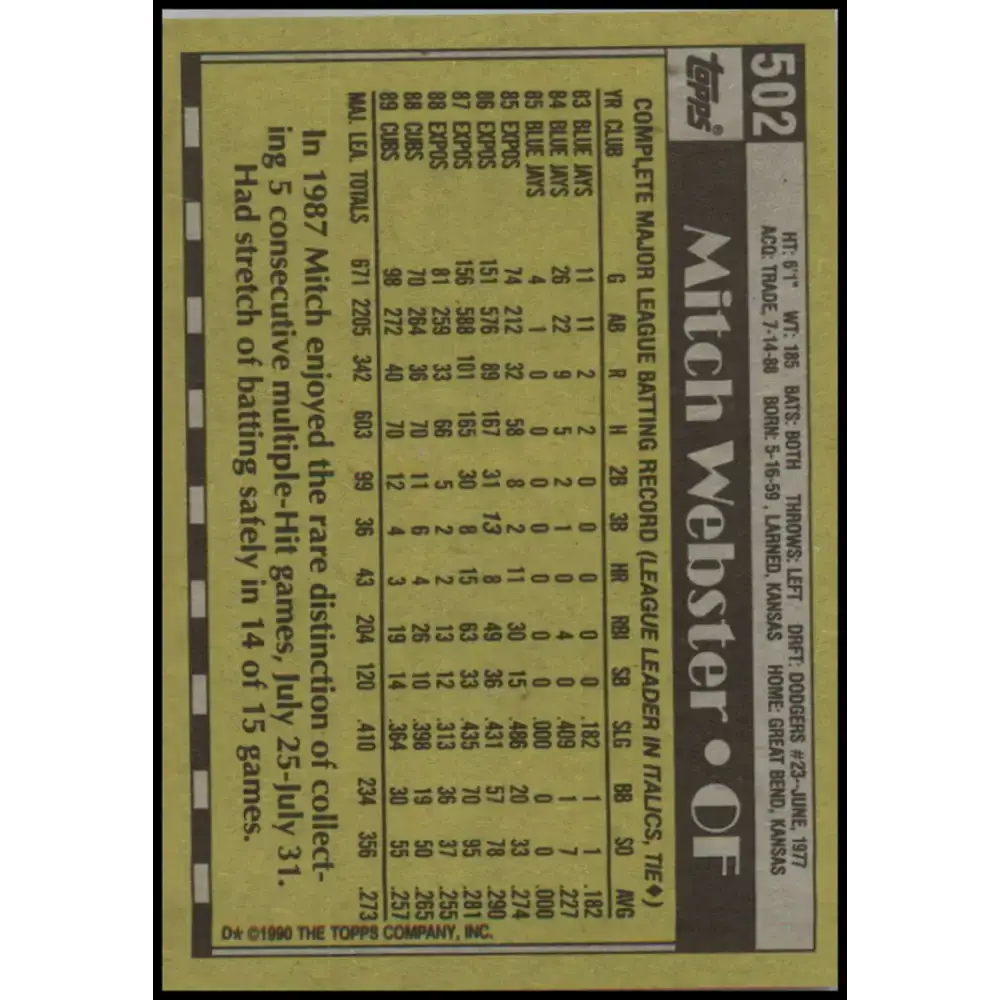 1990 Topps #502 Mitch Webster NM-MT Chicago Cubs Baseball Card - Baseball Card Single