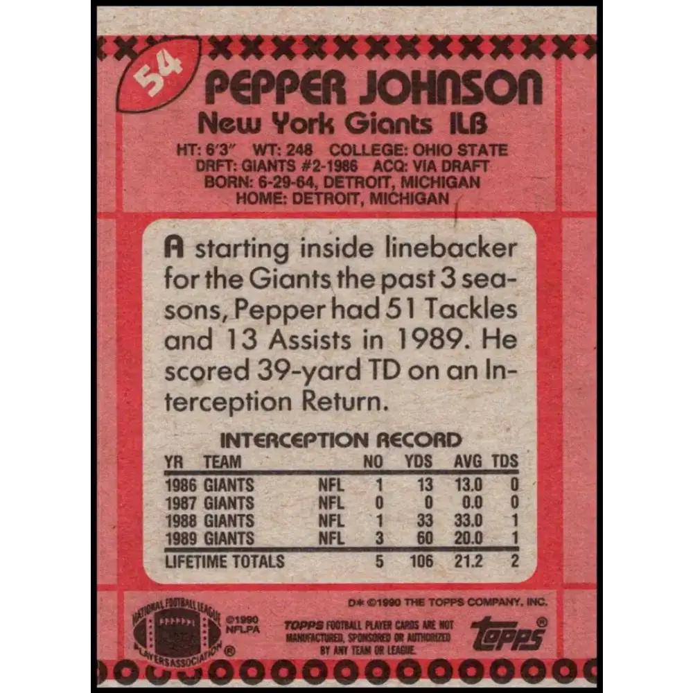 1990 Topps #54 Pepper Johnson EX Excellent New York Giants Football Card - Football Card Single