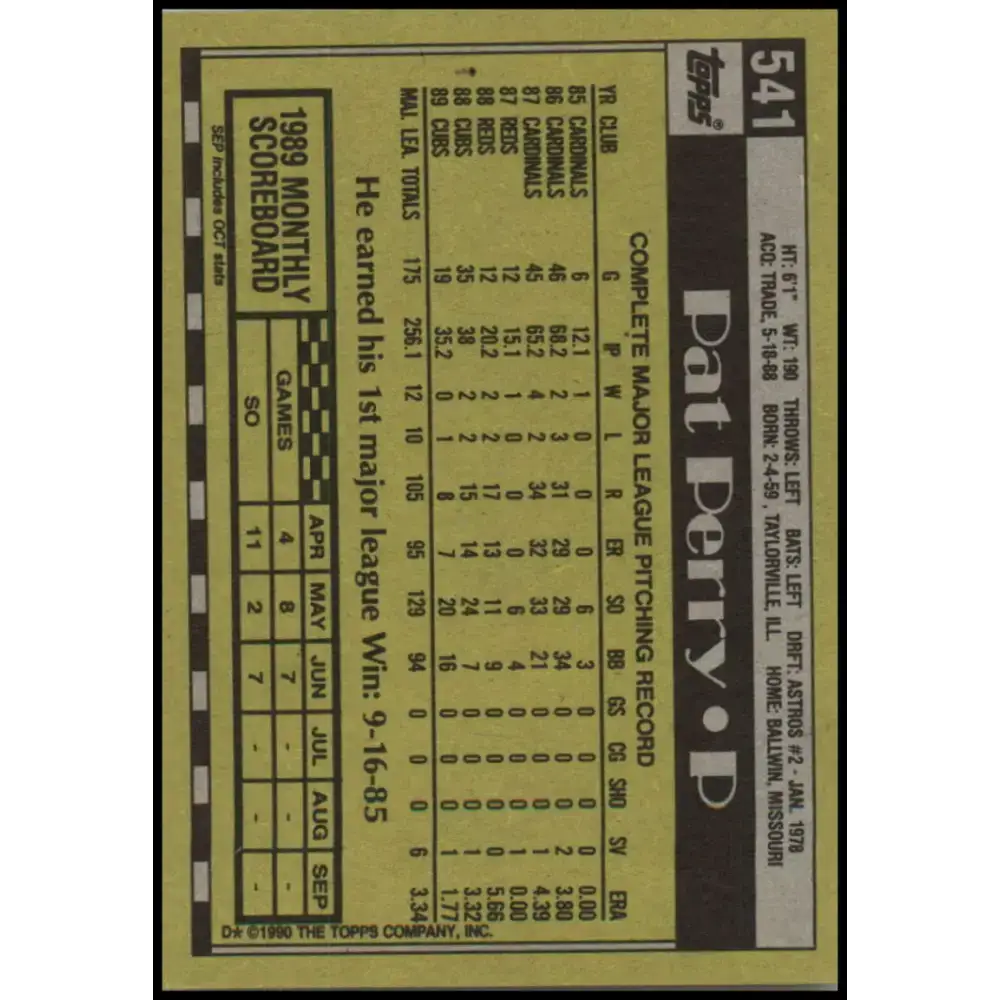 1990 Topps #541 Pat Perry NM-MT Chicago Cubs Baseball Card - Baseball Card Single