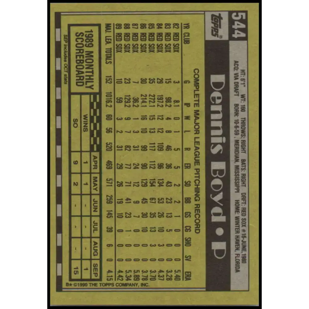 1990 Topps #544 Dennis Boyd NM-MT Boston Red Sox Baseball Card - Baseball Card Single