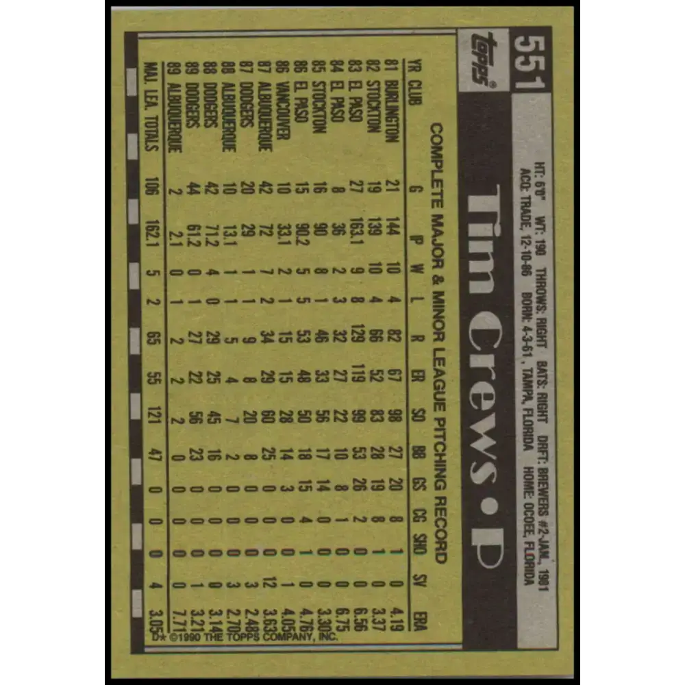 1990 Topps #551 Tim Crews NM-MT Los Angeles Dodgers Baseball Card - Baseball Card Single