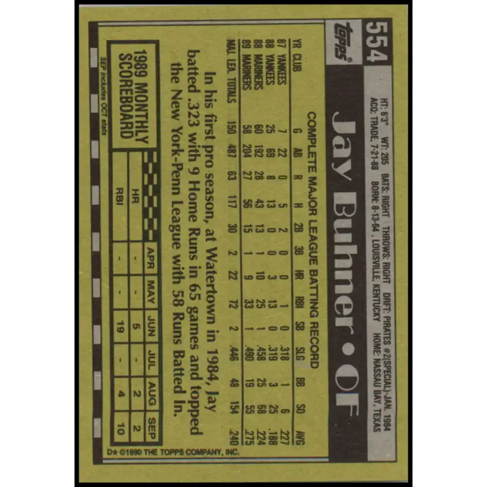 1990 Topps #554 Jay Buhner NM-MT Seattle Mariners Baseball Card - Baseball Card Single