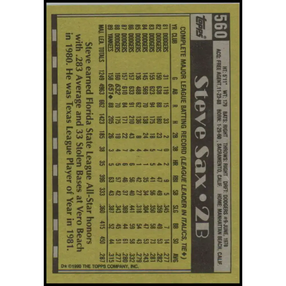 1990 Topps #560 Steve Sax NM-MT New York Yankees Baseball Card - Baseball Card Single