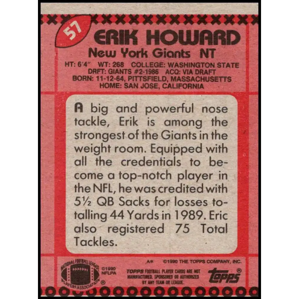 1990 Topps #57 Erik Howard EX Excellent New York Giants Football Card - Football Card Single