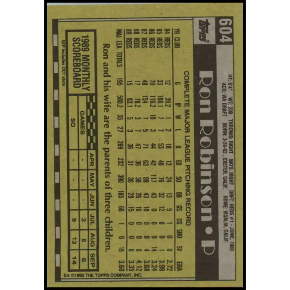 1990 Topps #604 Ron Robinson NM-MT Cincinnati Reds Baseball Card - Baseball Card Single