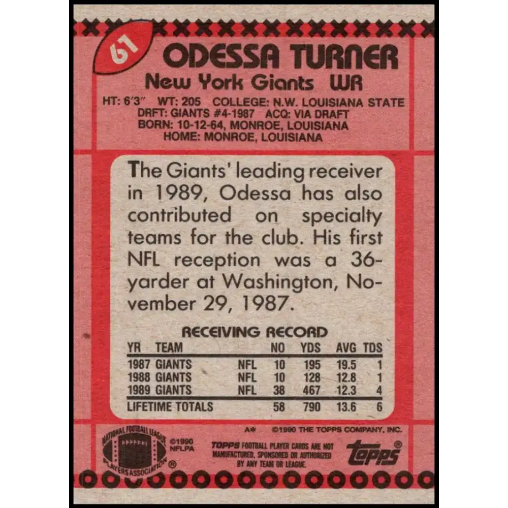 1990 Topps #61 Odessa Turner EX Excellent RC Rookie New York Giants Football Card