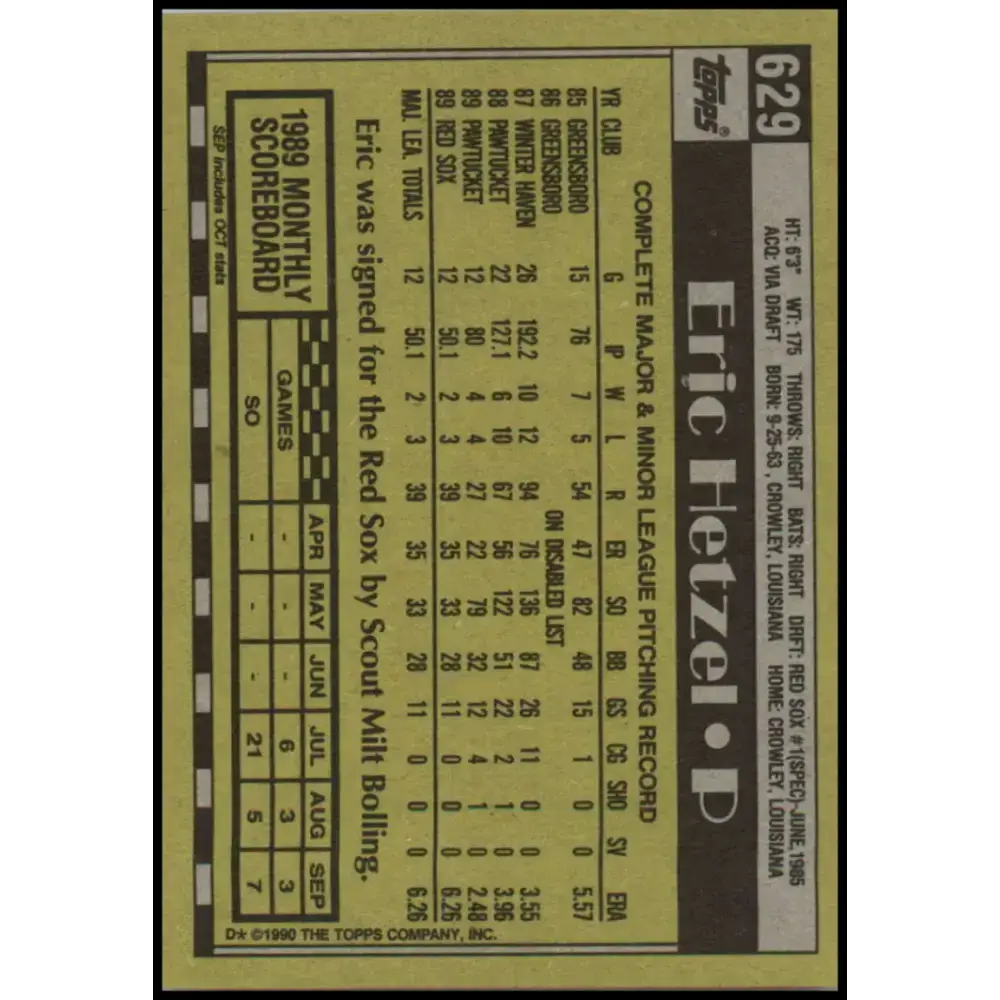 1990 Topps #629 Eric Hetzel NM-MT Boston Red Sox Baseball Card - Baseball Card Single