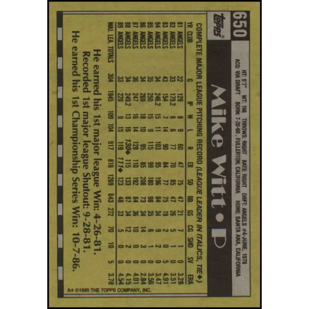 1990 Topps #650 Mike Witt NM-MT California Angels Baseball Card - Baseball Card Single