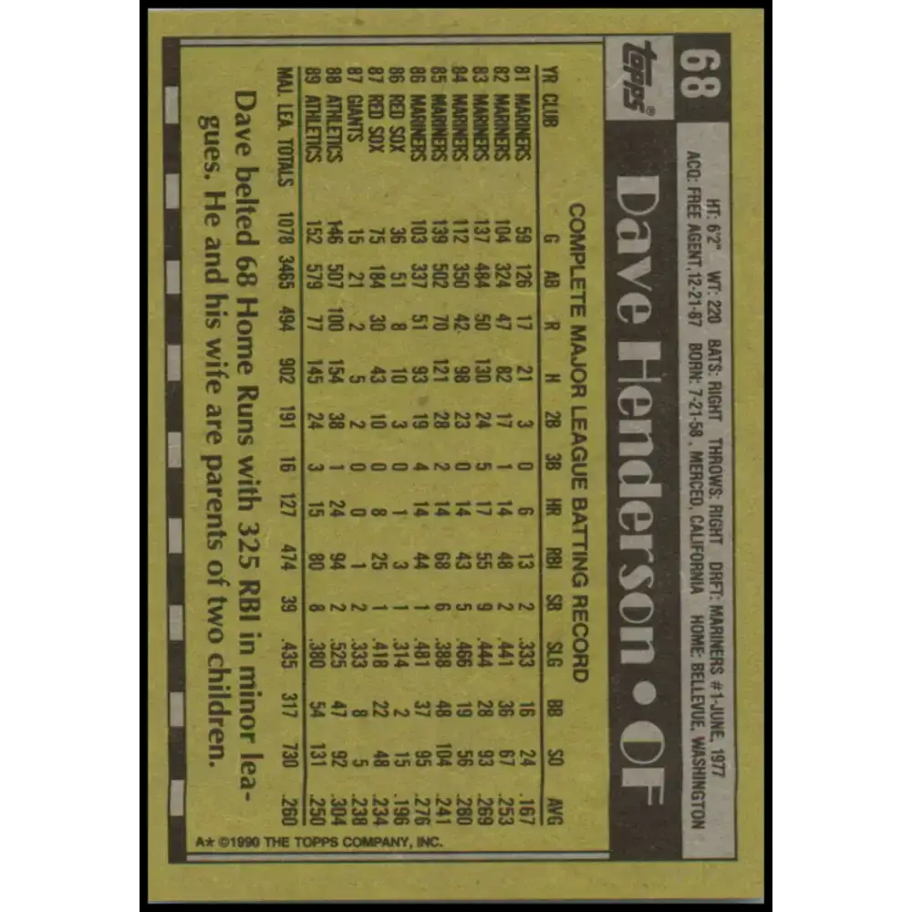 1990 Topps #68 Dave Henderson NM-MT Oakland Athletics Baseball Card - Baseball Card Single