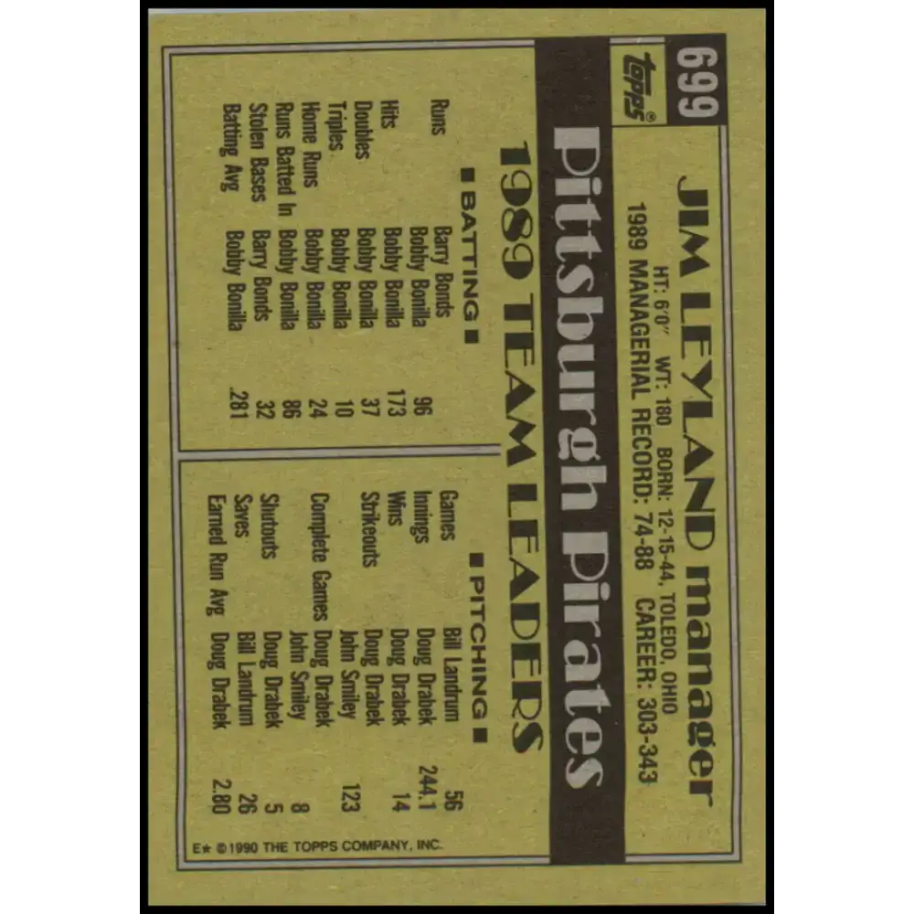 1990 Topps #699 Jim Leyland MG NM-MT Pittsburgh Pirates Baseball Card - Baseball Card Single
