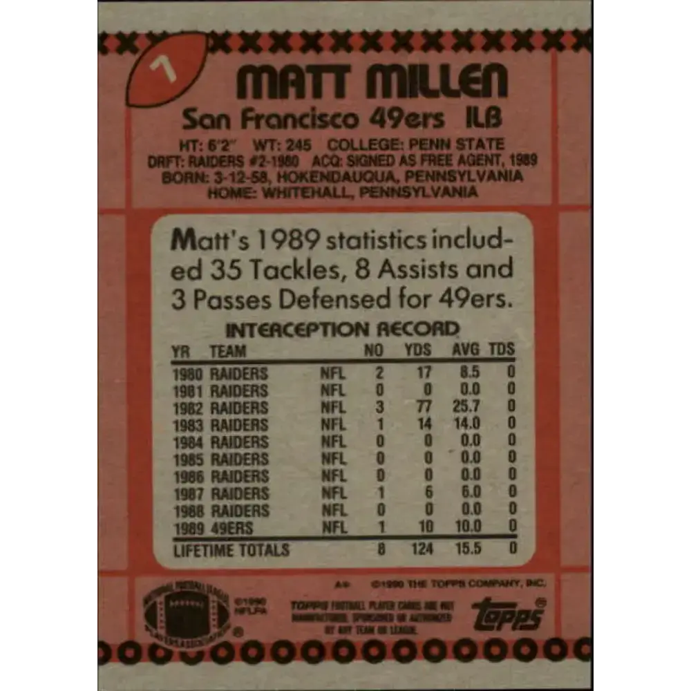 1990 Topps #7 Matt Millen EX Excellent San Francisco 49ers Football Card