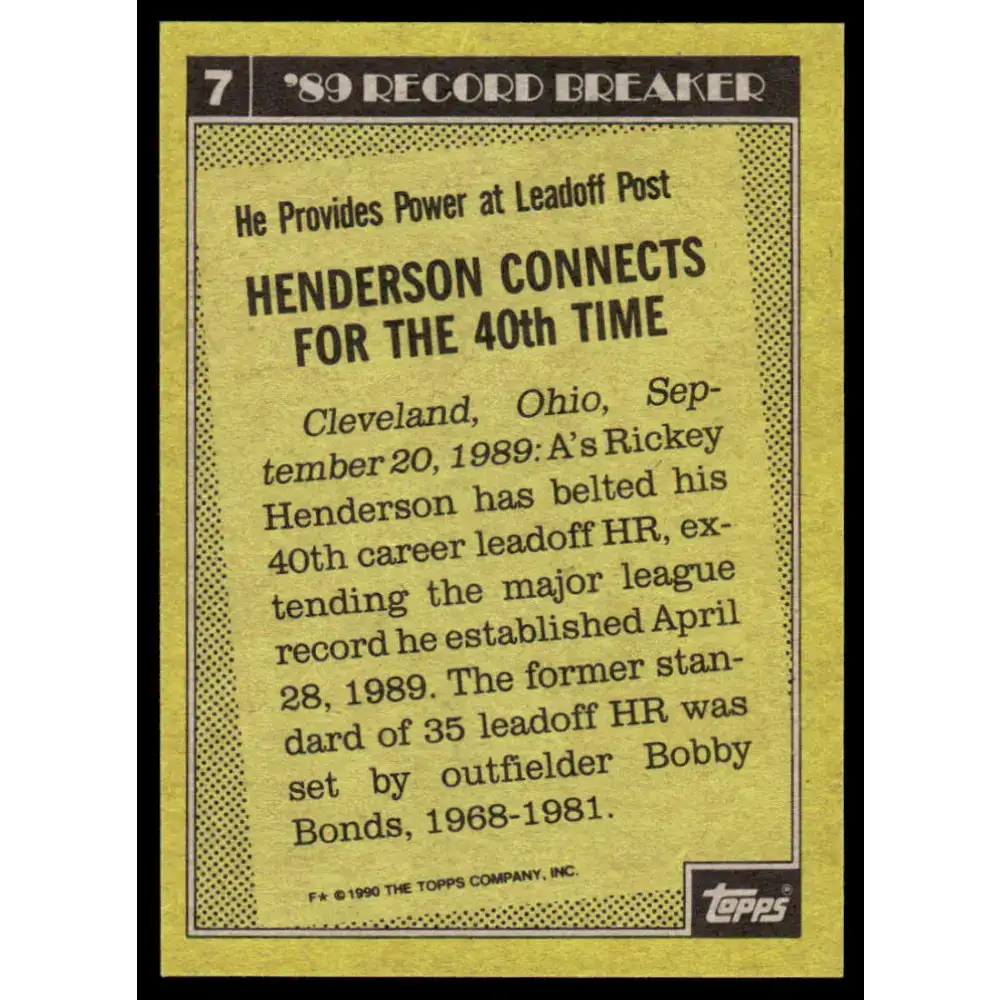 1990 Topps #7 Rickey Henderson NM-MT Oakland Athletics Baseball Card - Baseball Card Single