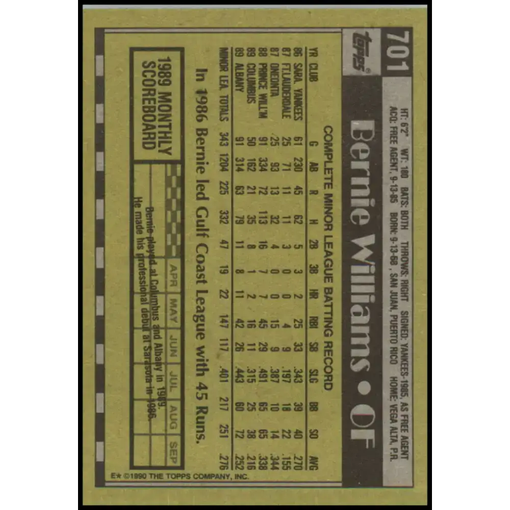 1990 Topps #701 Bernie Williams NM-MT RC Rookie New York Yankees Baseball Card - Baseball Card Single