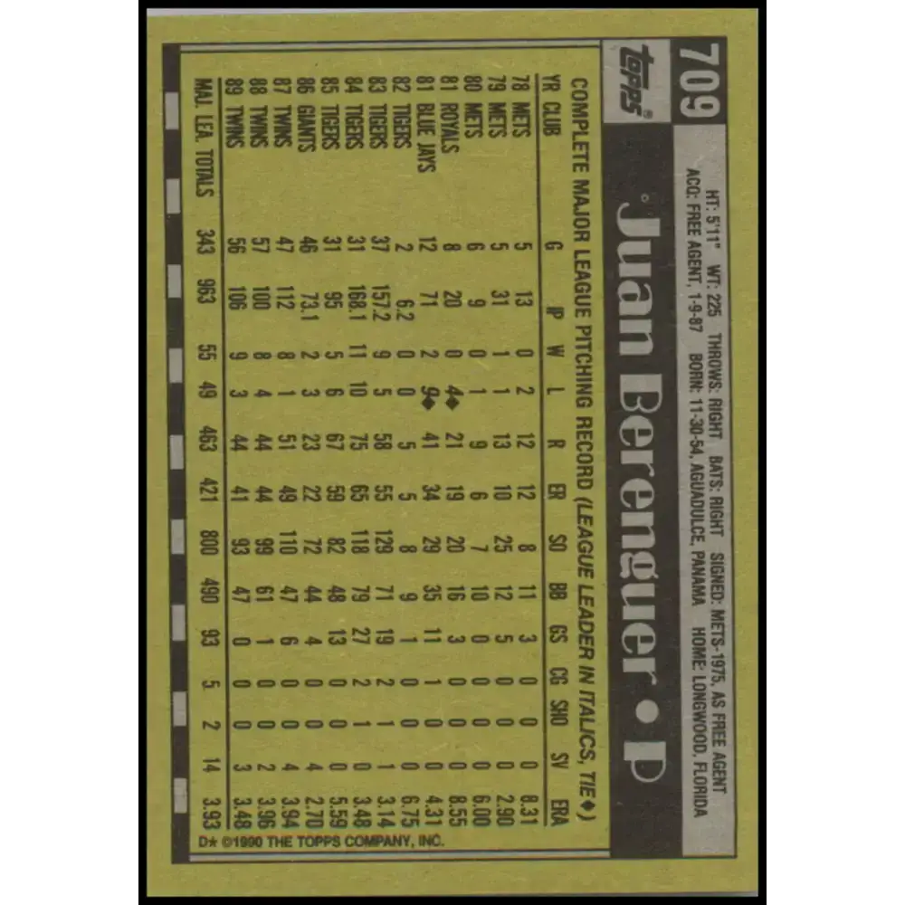 1990 Topps #709 Juan Berenguer NM-MT Minnesota Twins Baseball Card - Baseball Card Single