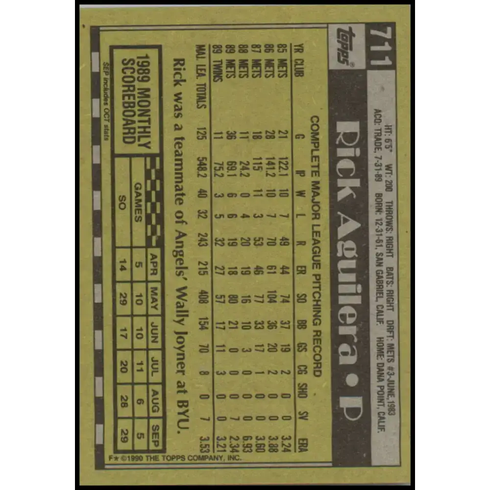 1990 Topps #711 Rick Aguilera NM-MT Minnesota Twins Baseball Card - Baseball Card Single