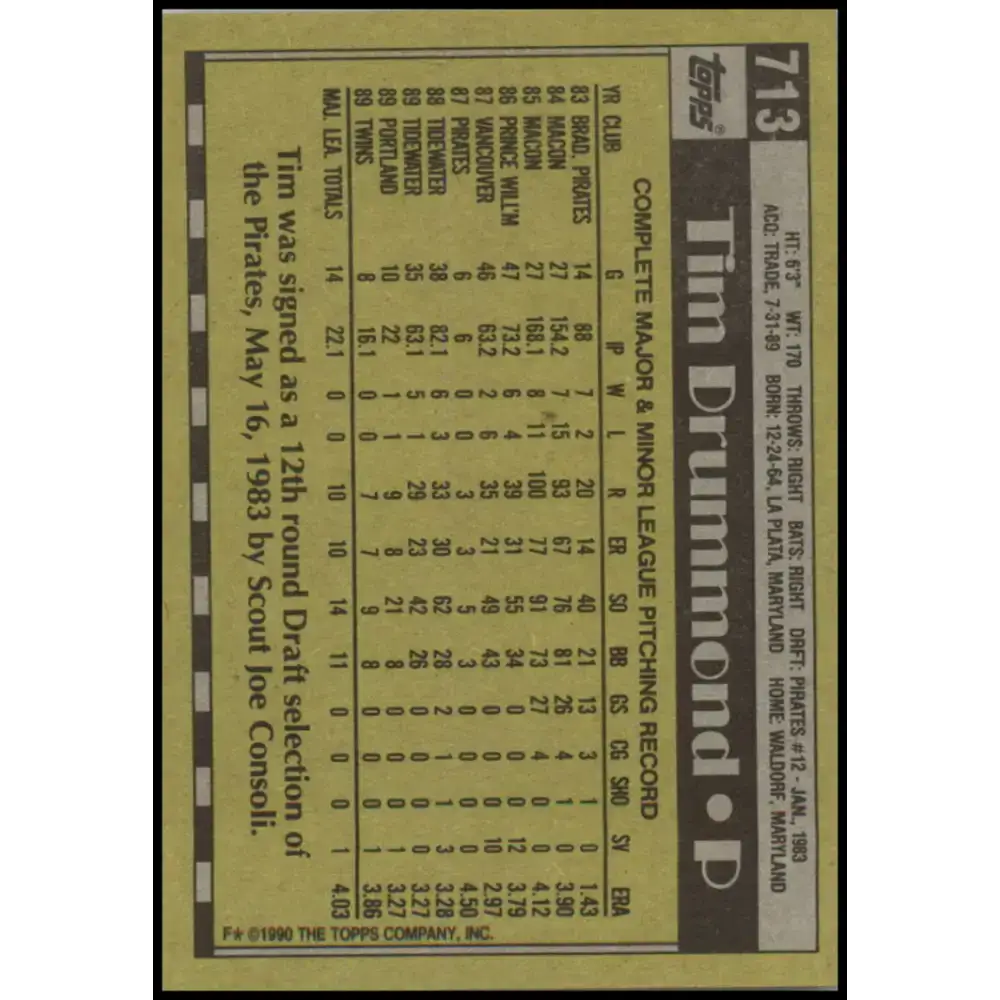 1990 Topps #713 Tim Drummond NM-MT RC Rookie Minnesota Twins Baseball Card - Baseball Card Single