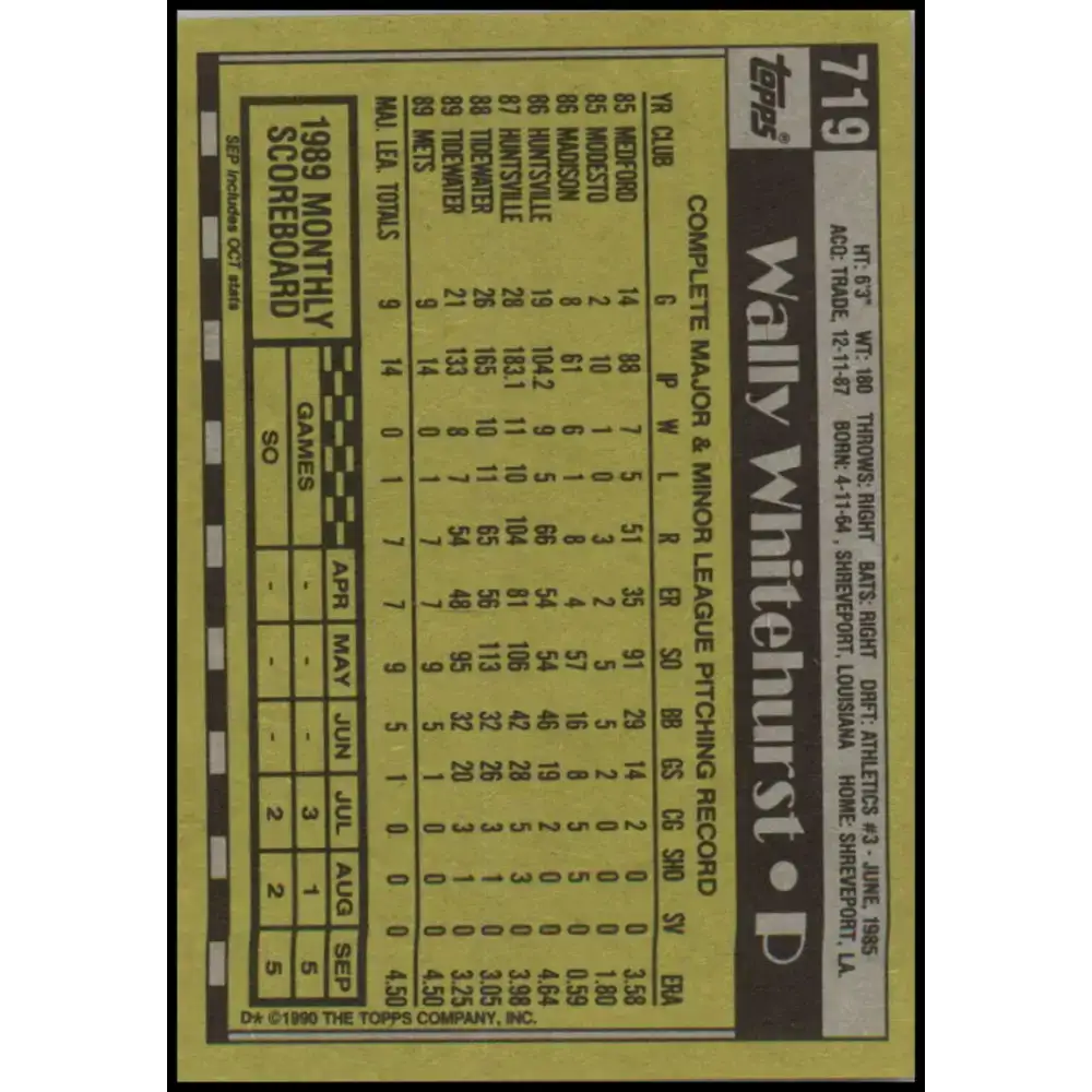 1990 Topps #719 Wally Whitehurst NM-MT New York Mets Baseball Card - Baseball Card Single