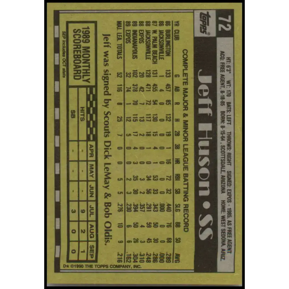 1990 Topps #72 Jeff Huson NM-MT RC Rookie Montreal Expos Baseball Card - Baseball Card Single