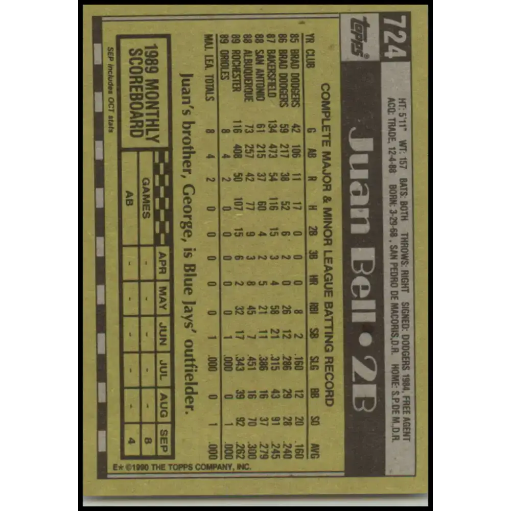 1990 Topps #724 Juan Bell NM-MT Baltimore Orioles Baseball Card - Baseball Card Single
