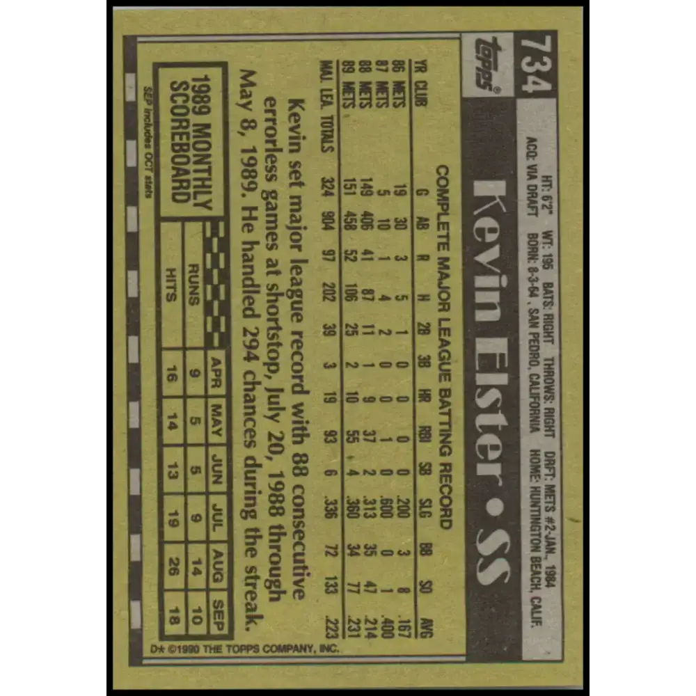 1990 Topps #734 Kevin Elster NM-MT New York Mets Baseball Card - Baseball Card Single