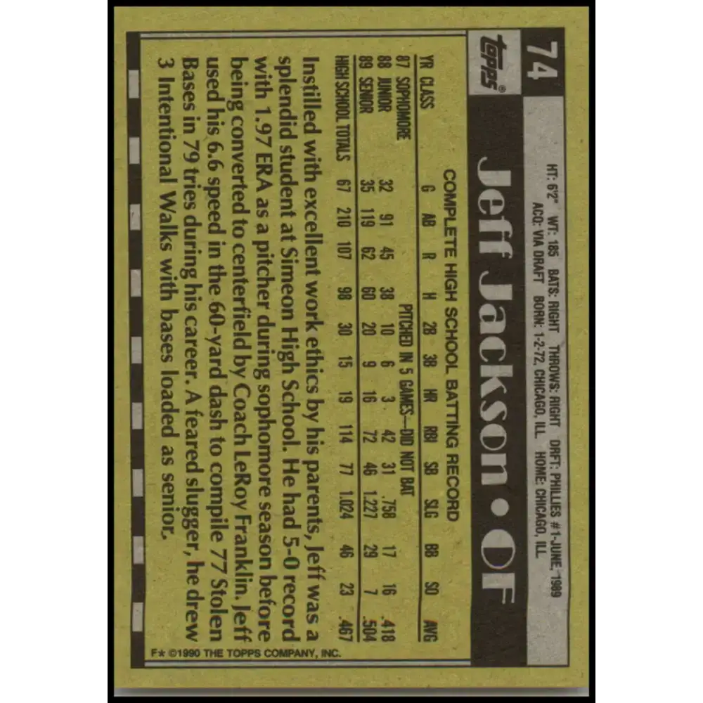 1990 Topps #74 Jeff Jackson FDP NM-MT RC Rookie Philadelphia Phillies Baseball Card - Baseball Card Single