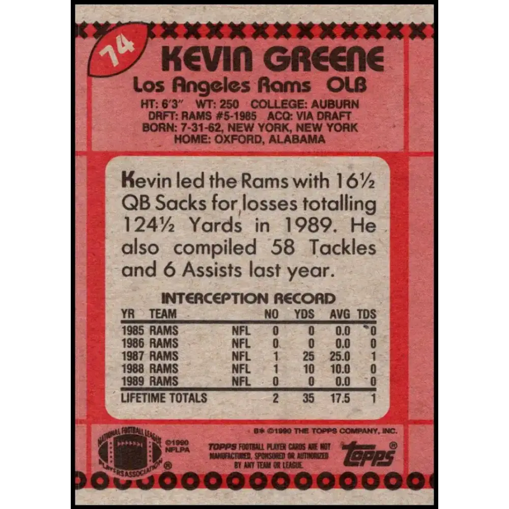 1990 Topps #74 Kevin Greene EX Excellent Los Angeles Rams Football Card - Football Card Single