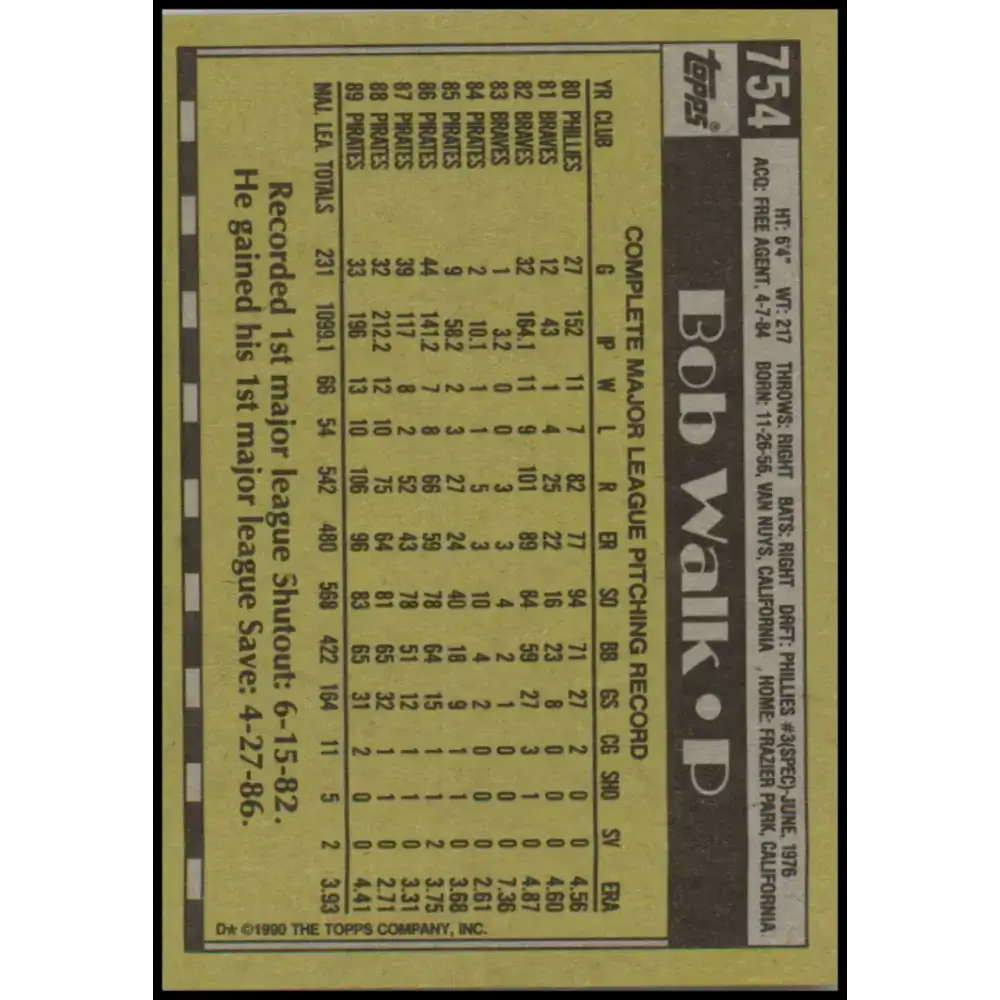 1990 Topps #754 Bob Walk NM-MT Pittsburgh Pirates Baseball Card - Baseball Card Single