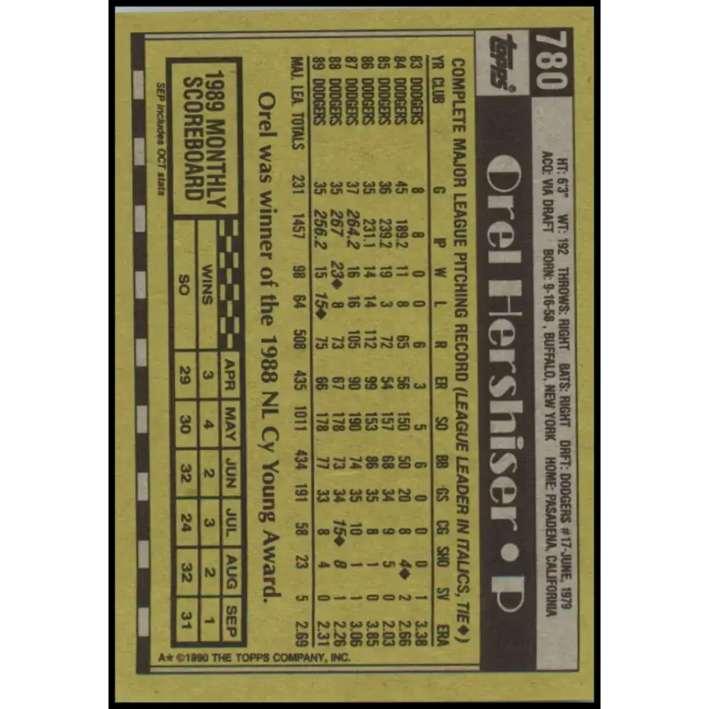 1990 Topps #780 Orel Hershiser NM-MT Los Angeles Dodgers Baseball Card - Baseball Card Single