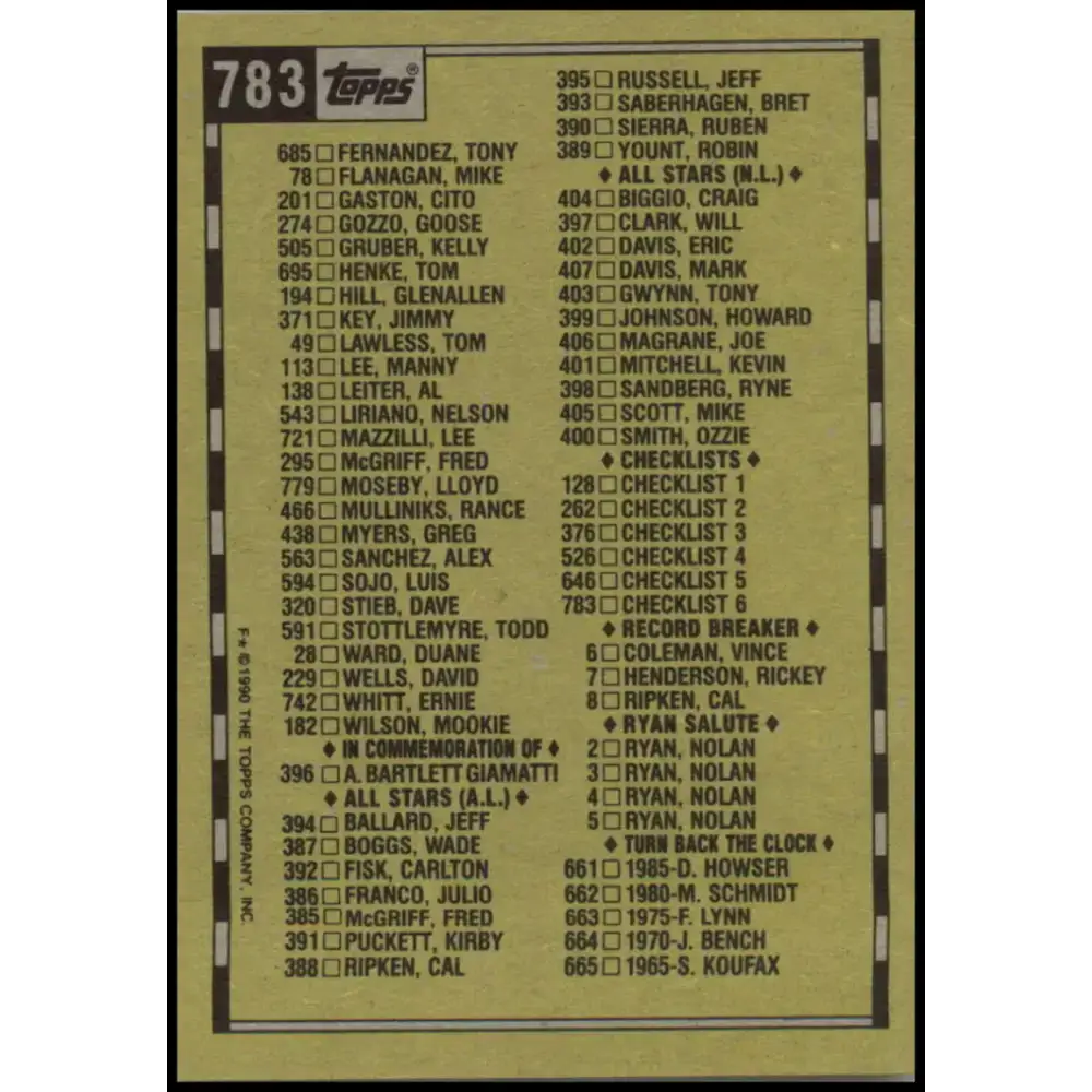 1990 Topps #783 Checklist NM-MT Checklist Baseball Card - Baseball Card Single
