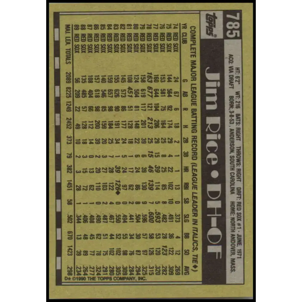 1990 Topps #785 Jim Rice NM-MT Boston Red Sox Baseball Card - Baseball Card Single