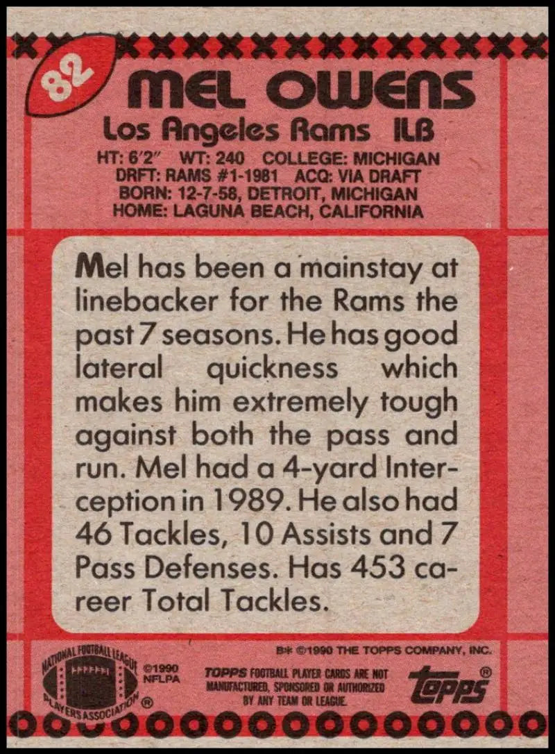 1990 Topps #82 Mel Owens EX Excellent Los Angeles Rams Football Card - Football Card Single