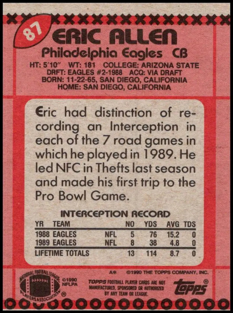 1990 Topps #87 Eric Allen EX Excellent Philadelphia Eagles Football Card - Football Card Single