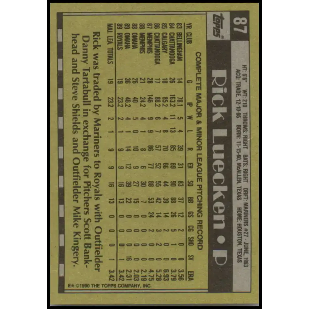 1990 Topps #87 Rick Luecken NM-MT RC Rookie Kansas City Royals Baseball Card - Baseball Card Single