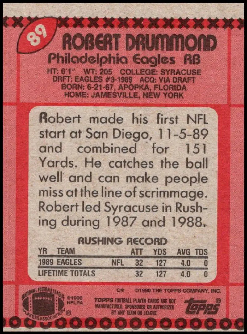 1990 Topps #89 Robert Drummond EX Excellent Philadelphia Eagles Football Card - Football Card Single