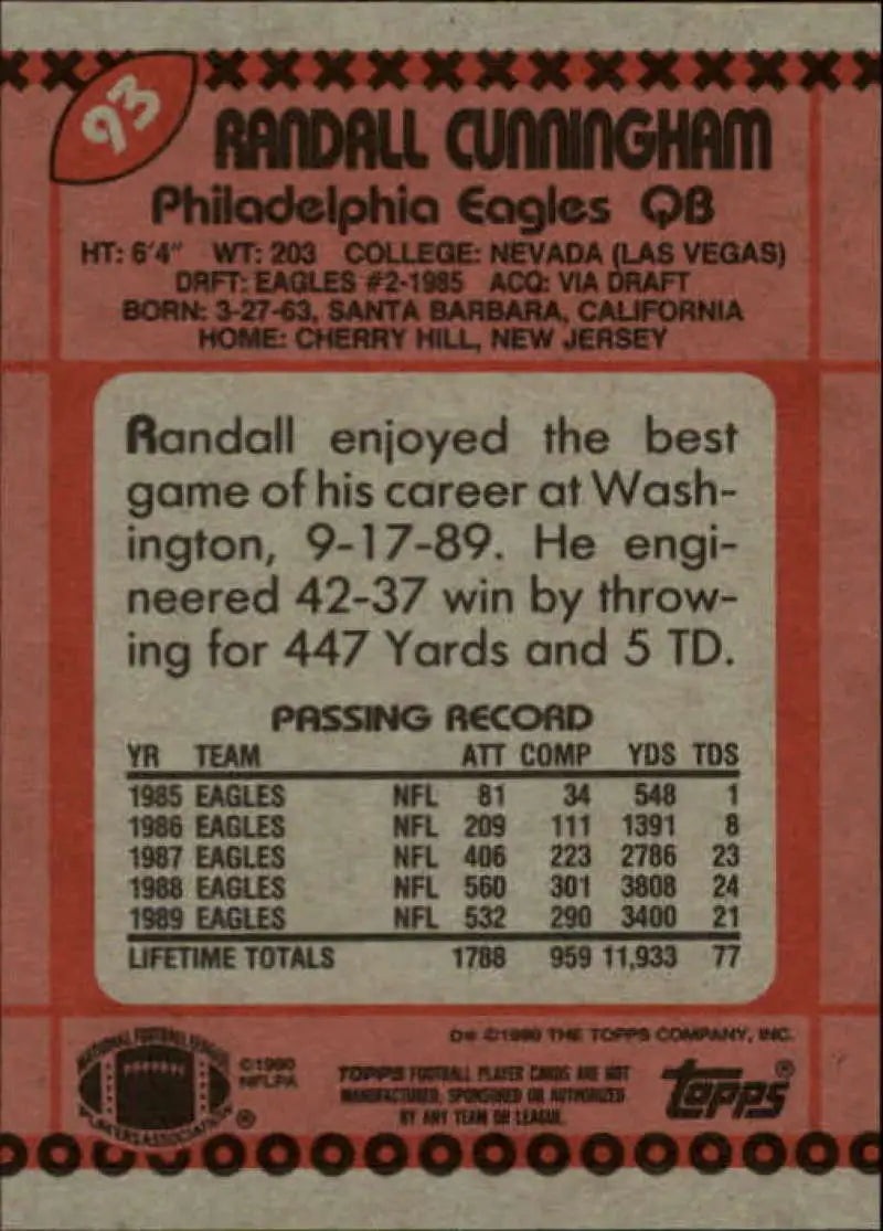 1990 Topps #93 Randall Cunningham EX Excellent Philadelphia Eagles Football Card - Football Card Single