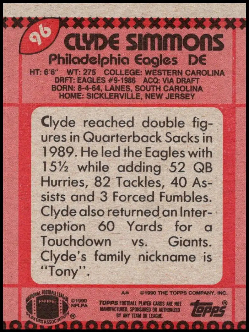 1990 Topps #96 Clyde Simmons EX Excellent Philadelphia Eagles Football Card - Football Card Single
