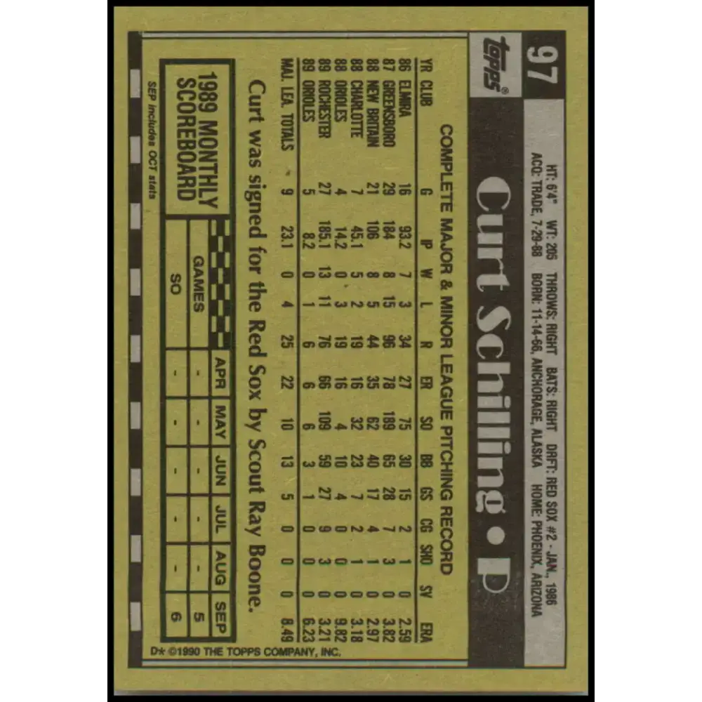 1990 Topps #97 Curt Schilling NM-MT Baltimore Orioles Baseball Card - Baseball Card Single