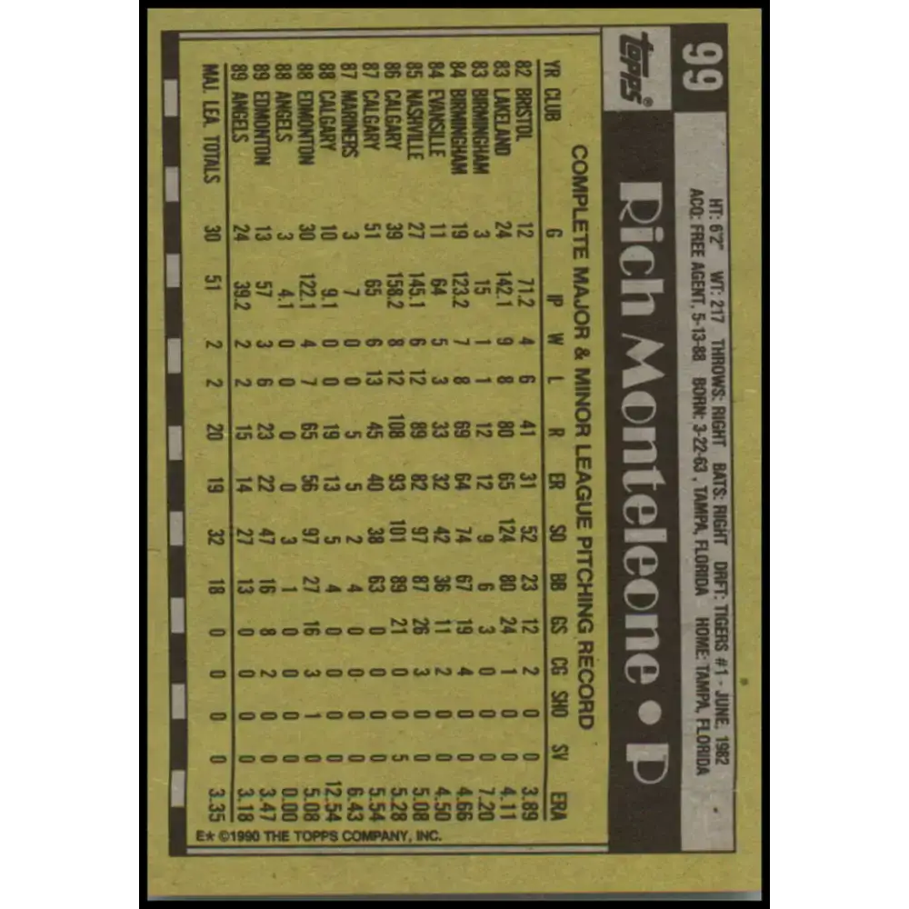 1990 Topps #99 Rich Monteleone NM-MT California Angels Baseball Card - Baseball Card Single