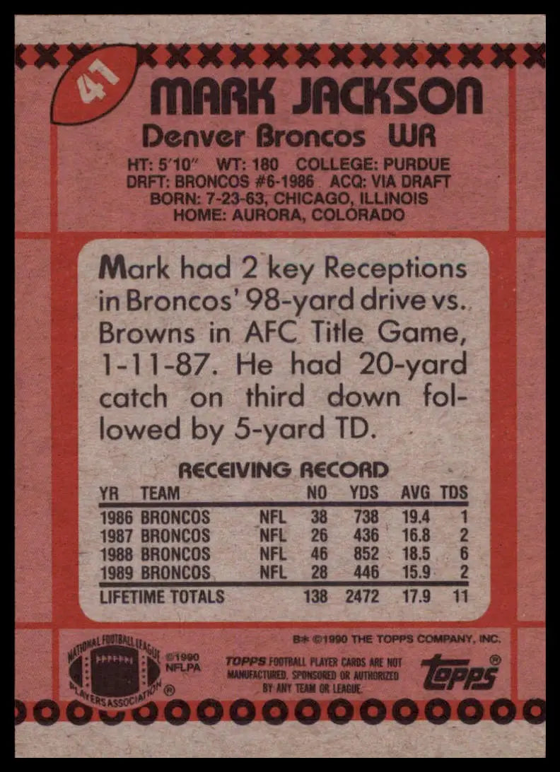 1990 Topps Mark Jackson 41 Denver Broncos NM - Football Card Single