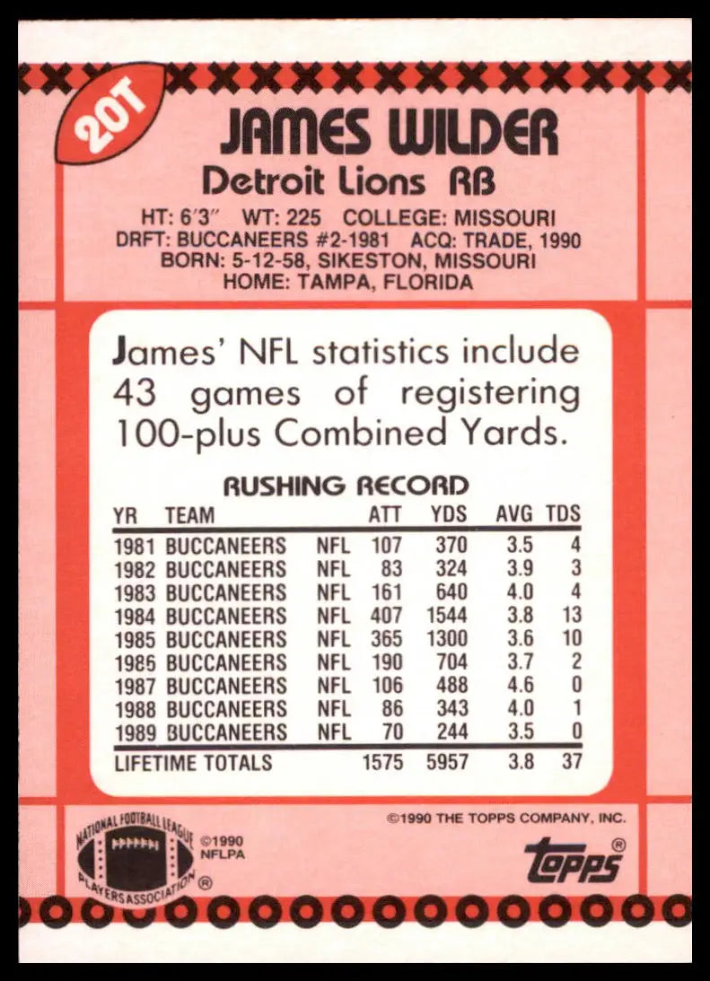 1990 Topps Traded James Wilder 20T Detroit Lions NM - Football Card Single