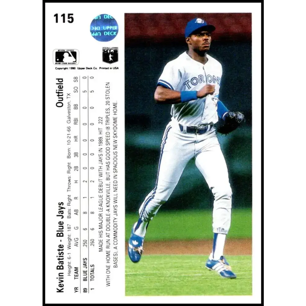 1990 Upper Deck #115 Kevin Batiste NM-MT RC Rookie Toronto Blue Jays Baseball Card - Baseball Card Single