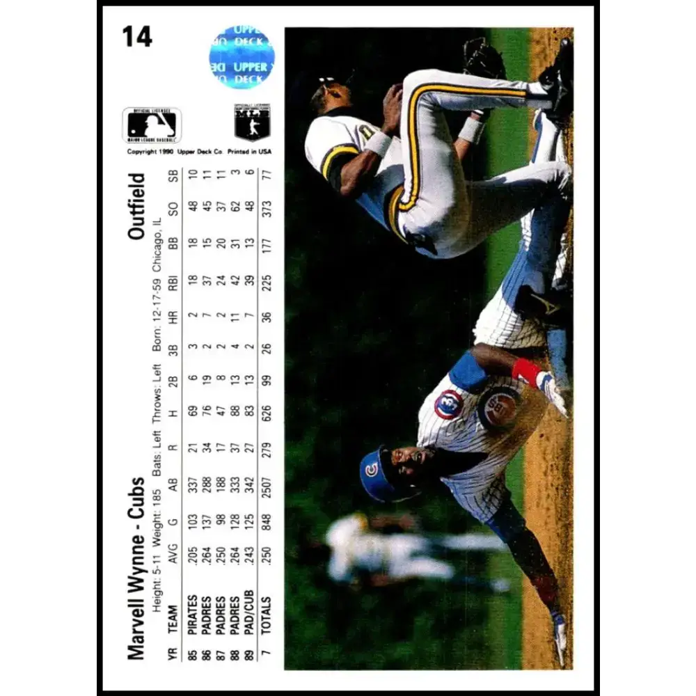1990 Upper Deck #14 Marvell Wynne NM-MT Chicago Cubs Baseball Card - Baseball Card Single