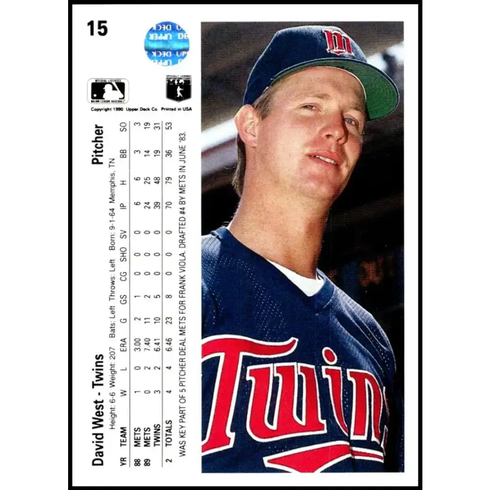 1990 Upper Deck #15 David West NM-MT Minnesota Twins Baseball Card - Baseball Card Single
