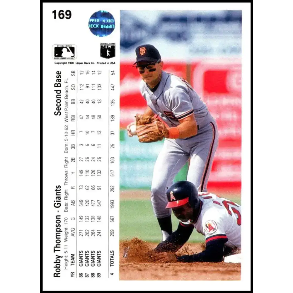 1990 Upper Deck #169 Robby Thompson NM-MT San Francisco Giants Baseball Card - Baseball Card Single