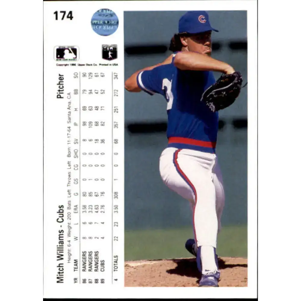 1990 Upper Deck #174 Mitch Williams NM-MT Chicago Cubs Baseball Card - Baseball Card Single