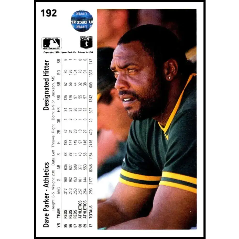 1990 Upper Deck #192 Dave Parker NM-MT Oakland Athletics Baseball Card - Baseball Card Single