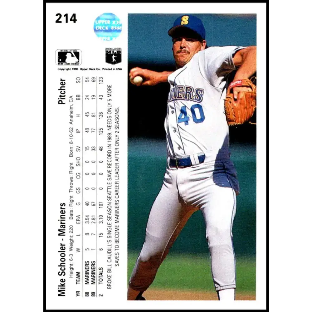1990 Upper Deck #214 Mike Schooler NM-MT Seattle Mariners Baseball Card - Baseball Card Single